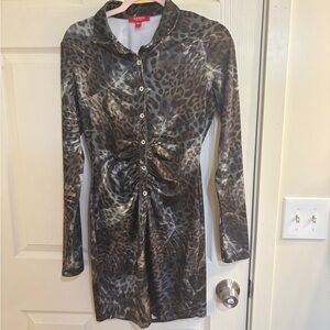 GUESS Leopard Print Button-Up Shirt Dress - Brown/Black